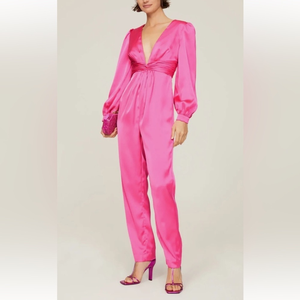 Mac Duggal Pink Plunge Neck Long Sleeve Satin Jumpsuit Size 8 $358